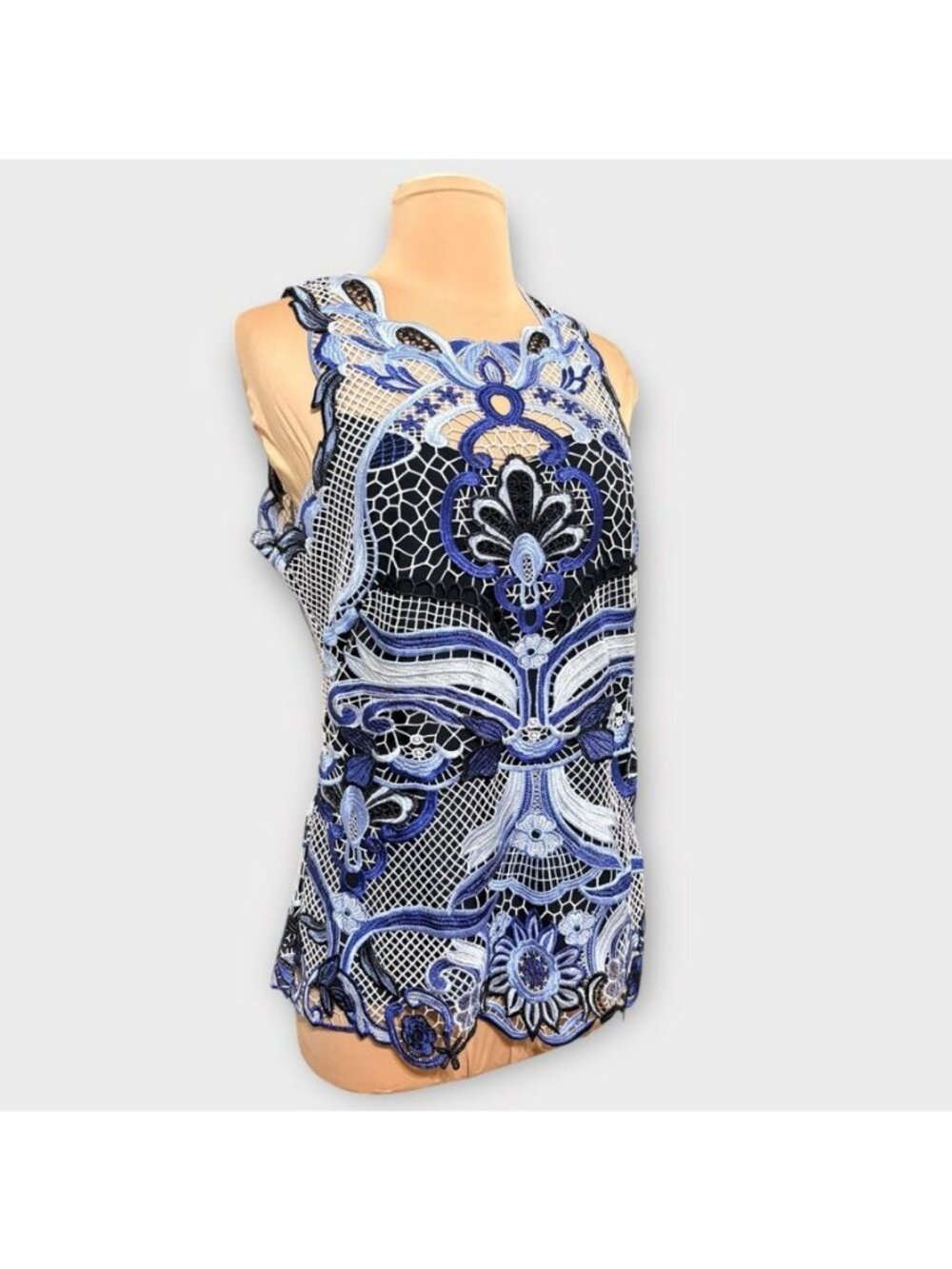 Kobi Halperin Ria Crochet Embroidered Lace Blouse M Blue Black Top Tank